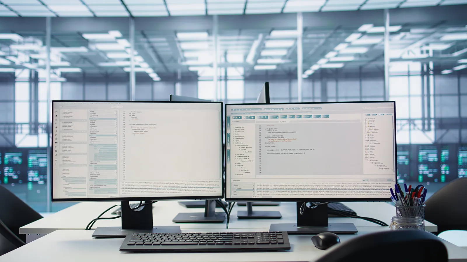 Due monitor con console di analisi su una scrivania in una sala server